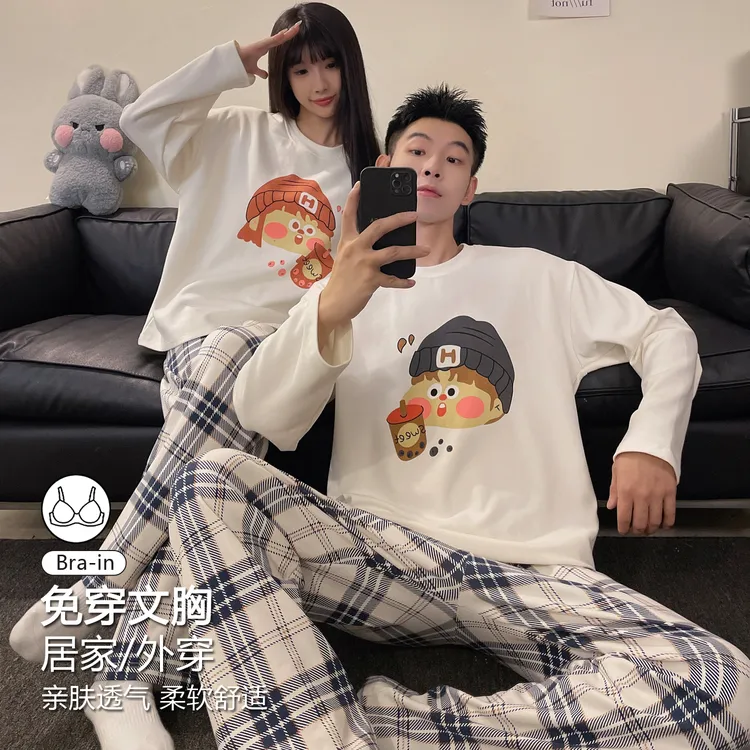 情侣睡衣秋冬款一男一女可外出穿爆款春秋季带胸垫长袖长裤家居服