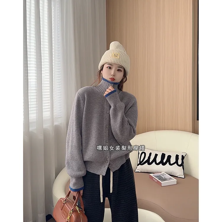 【小时光】半高领超软糯两穿加厚开衫女冬季韩版氛围感撞色拼接毛衣