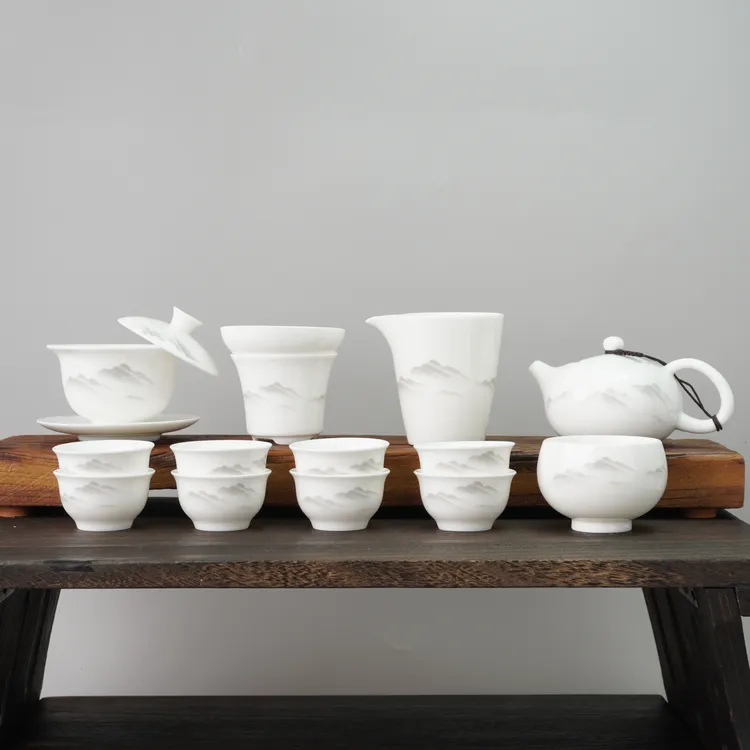 水墨群山悬停14件套装 羊脂玉白瓷茶具套装 安全泡沫包装