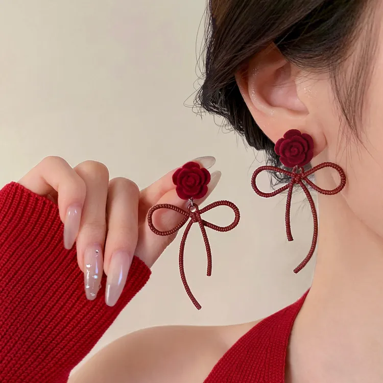 合金耳饰 999银针红色花朵蝴蝶结耳钉女2026过新本命年马气质耳环