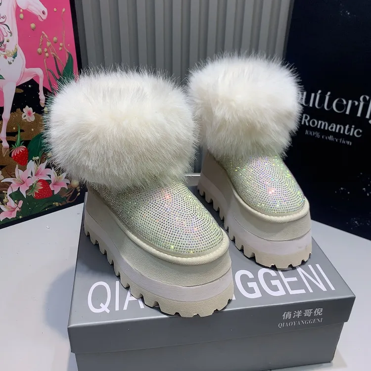 俏洋哥倪0689-73厚底8公分网红陈太同款重工彩钻短筒修面雪地靴