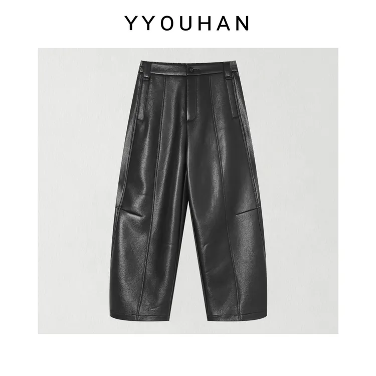 月月 年货定制【巴赫旧约】极简撞色裤腿百搭加绒九分皮裤2509C5831