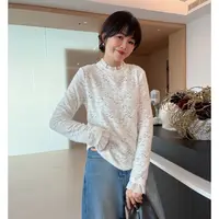 秋冬优雅气质蕾丝拼接磨毛套头修身显瘦内搭长袖T恤