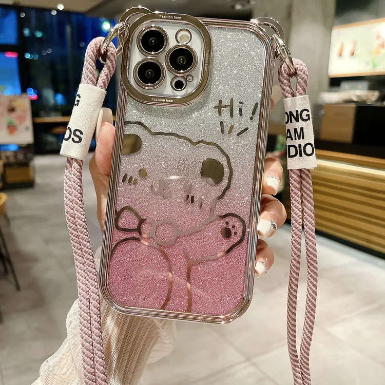 闪粉小熊适用苹果16promax手机壳斜挎挂绳iphone15女13全包17防摔