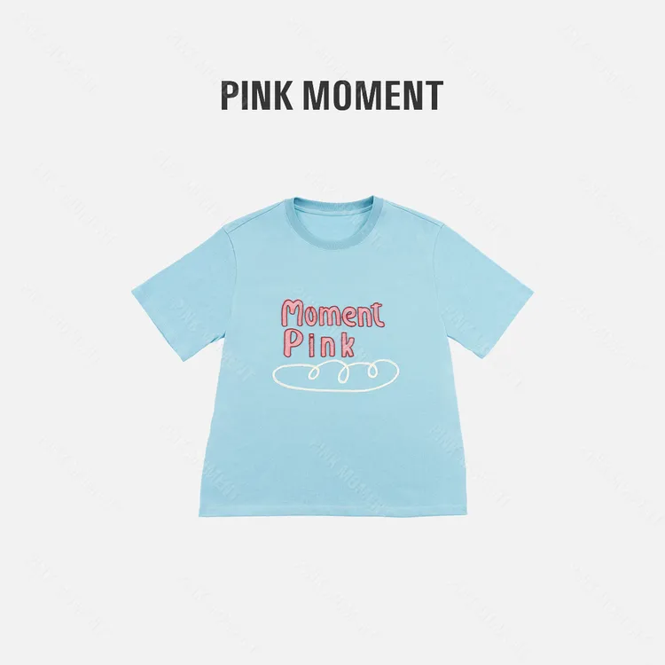 PM王囡囡 蓝色立体字母绣花圆领短袖T恤 ND1B0969