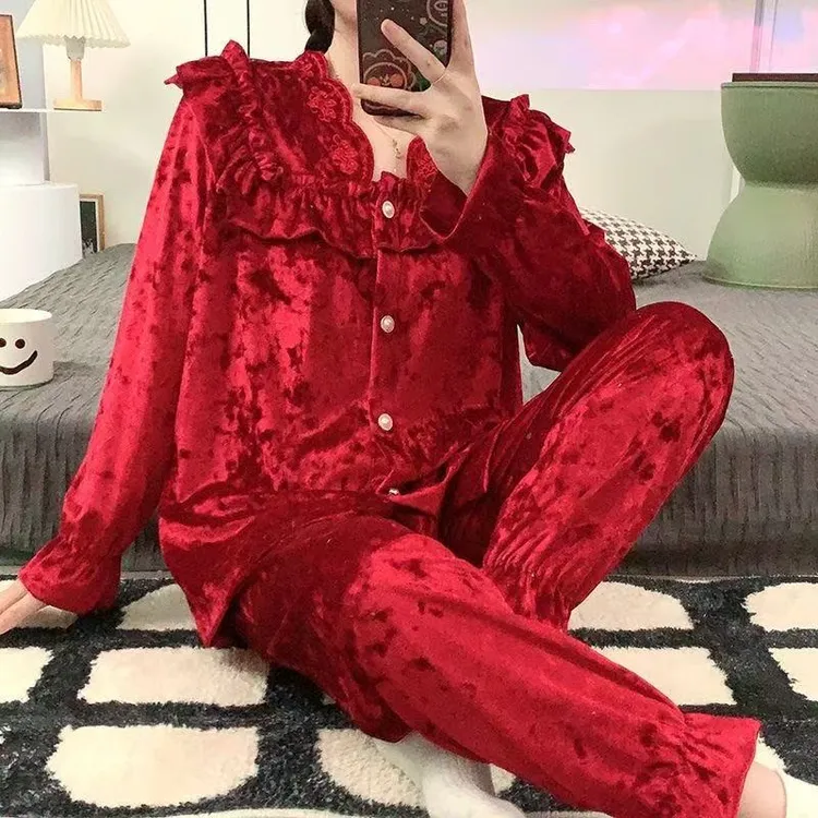 韩版金丝绒甜美公主风睡衣套装秋冬可外穿本命年长袖开衫家居服L