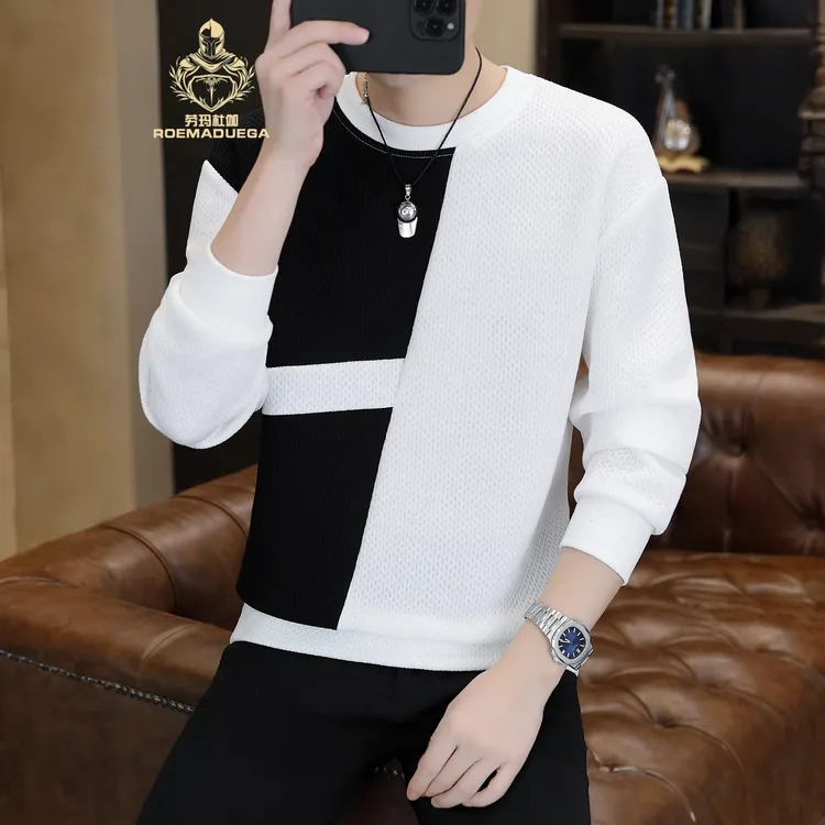 劳玛杜伽男士时尚潮流长袖T恤衫春秋季韩版修身拼色圆领套头卫衣