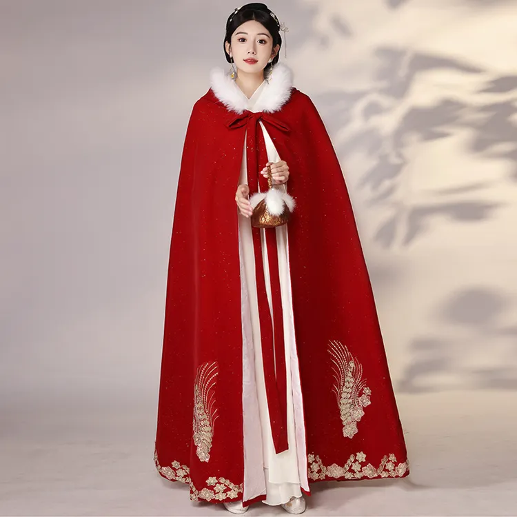 汉服披风女冬季长款古风新娘秀禾结婚大氅斗篷加厚加绒红色披肩