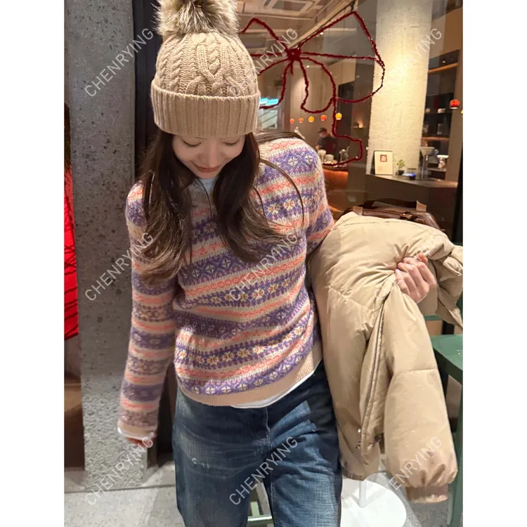 J.JOEY “北欧海岛”复古百搭撞色宽松套头羊毛针织毛衣 C501123