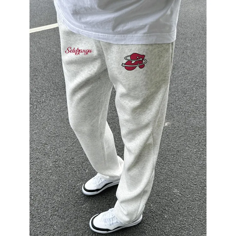 美式个性潮牌高街时尚创意印花休闲宽松长裤男秋季灰白色直筒卫裤