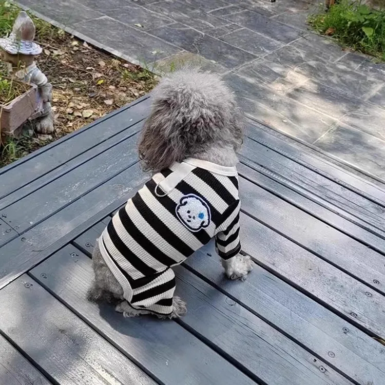 狗狗衣服带牵引环条纹四脚裤秋冬季泰迪专用小型犬家居服睡衣幼犬
