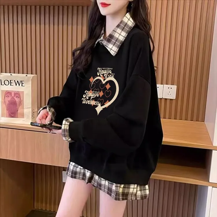 大码女装假两件卫衣女春秋薄款休闲宽松洋气减龄中长款外套上衣潮