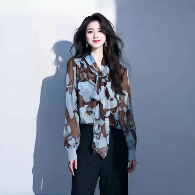 韩版春季系带显瘦碎花衬衫新款设计感洋气长袖女装雪纺衫印花上衣