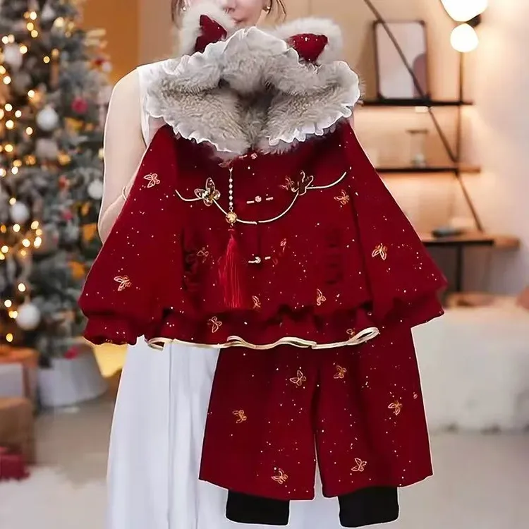 女童新年加绒套装冬季2026新款儿童加厚拜年服冬装女孩国风两件套