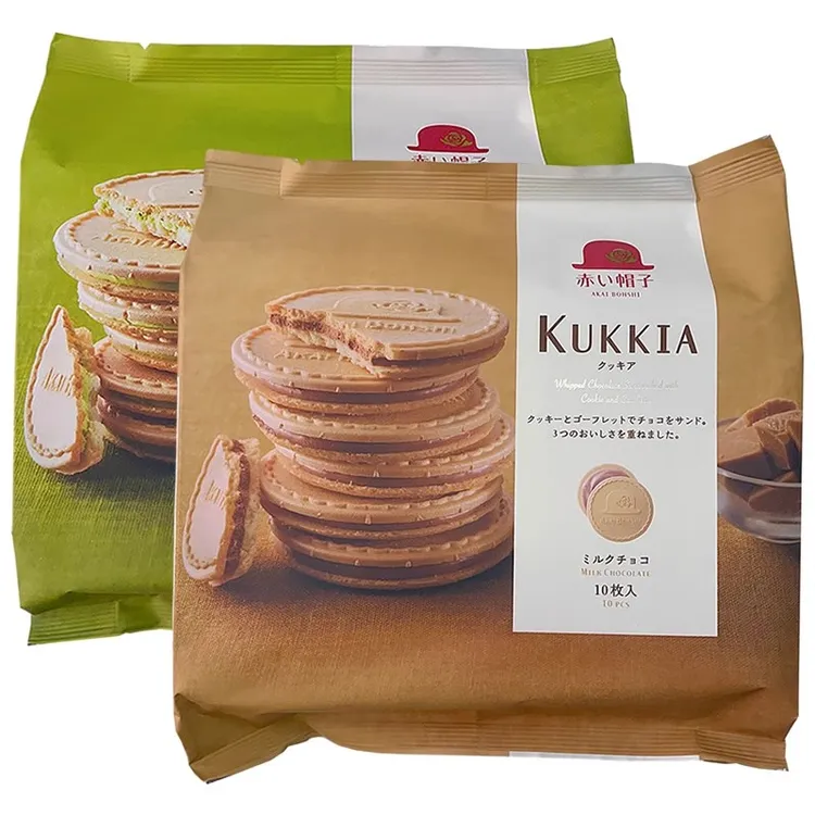 日本进口阡朋红帽子牛奶巧克力味夹心饼干袋装抹茶味薄脆10枚入