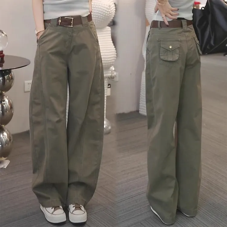 军绿色美式工装纯棉休闲裤女2025秋季新款高腰显瘦春秋百搭弯刀裤