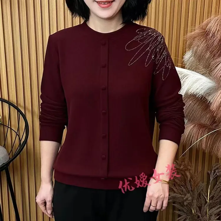 秋季新款女士上衣圆领宽松显瘦洋气百搭纯色保暖烫钻长袖打底衫