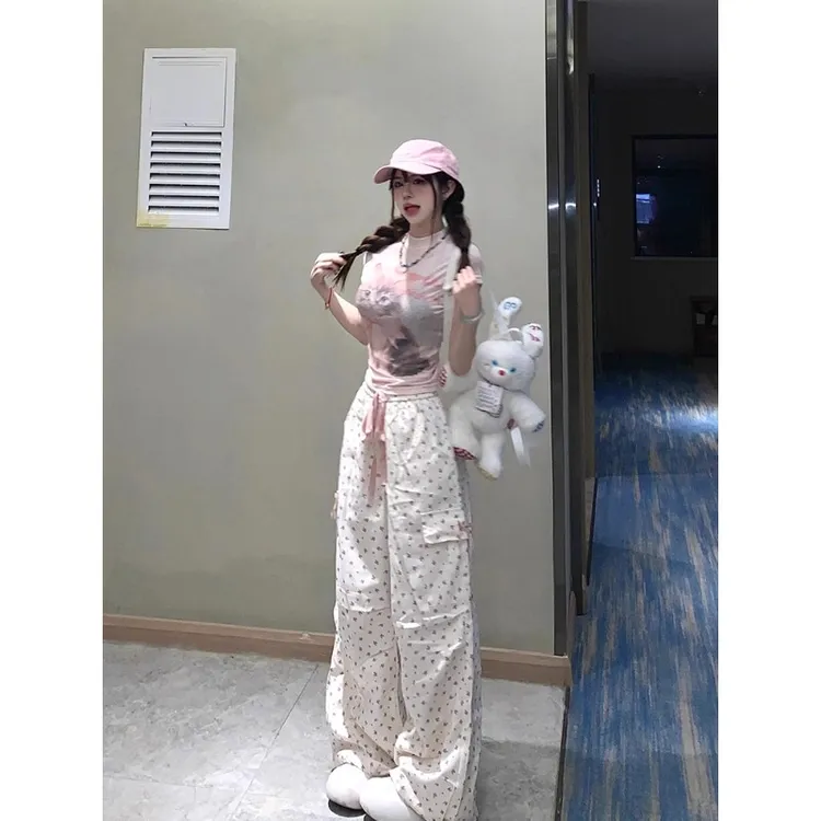 甜辣风休闲运动套装女夏2025新款短袖工装裤夏日多巴胺穿搭一整套