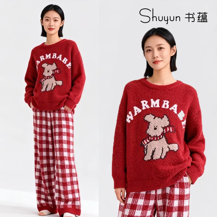 保暖冬季睡衣家居服套装秋冬圆领套装红色圣诞宽松加绒加厚卡通