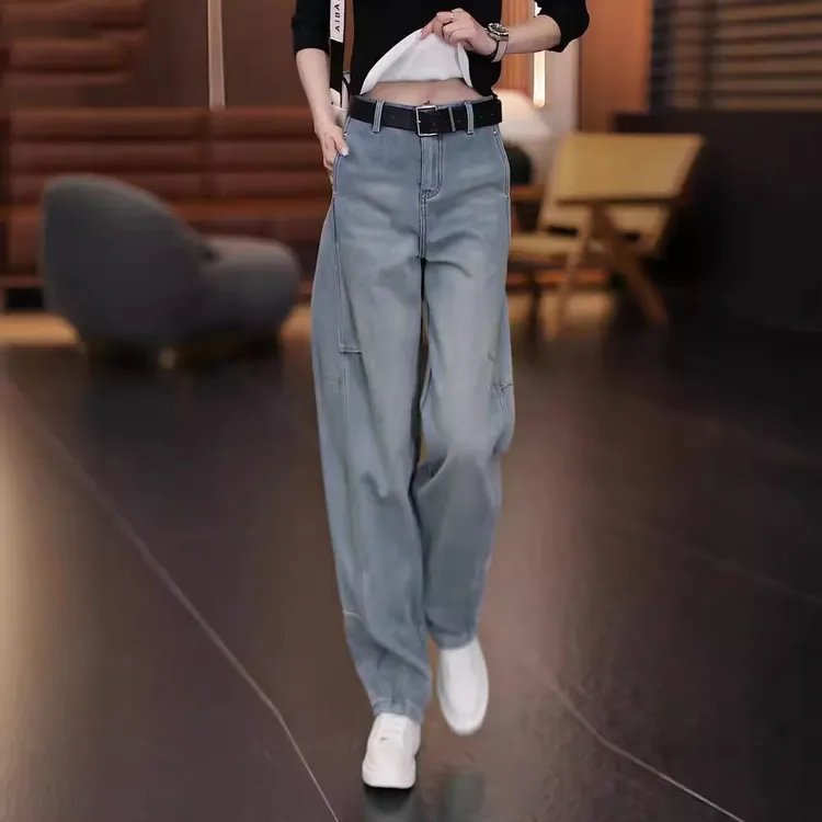 拉夏贝尔窄版阔腿裤女2025年新款高腰宽松牛仔裤时尚显瘦直筒裤子