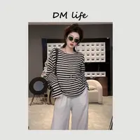 DMlife【和纸纱】夏季新款休闲长袖T恤上衣女宽松条纹针织衫
