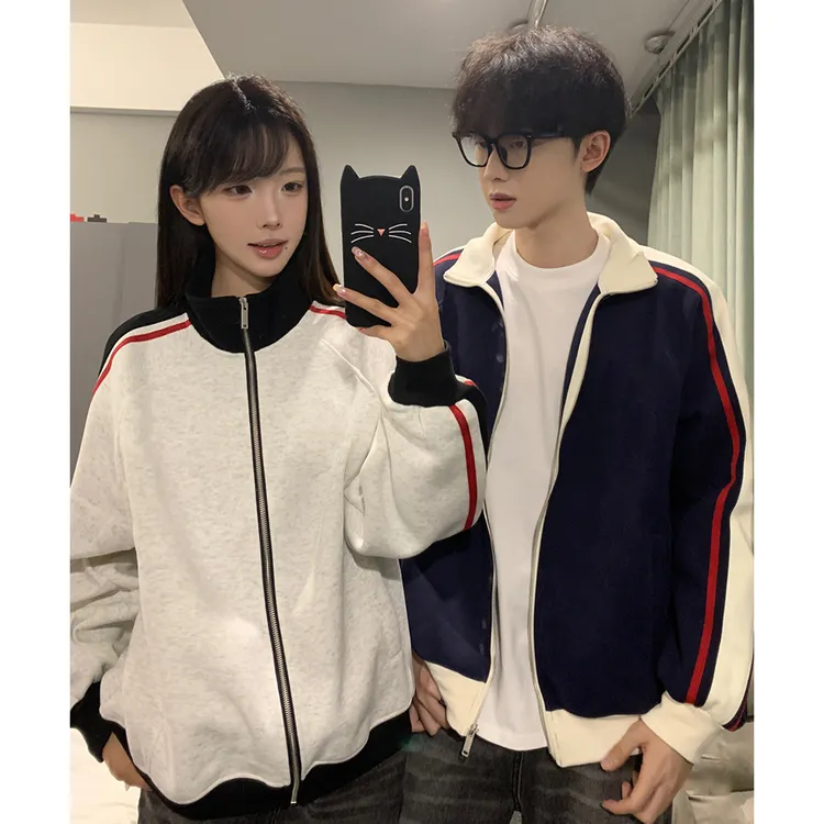美式新款潮牌撞色条纹立领卫衣男女秋冬季宽松百搭开衫情侣款外套