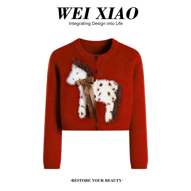 冬日氛围感2025冬季新款斑点小马蝴蝶结圆领厚实针织开衫外套女