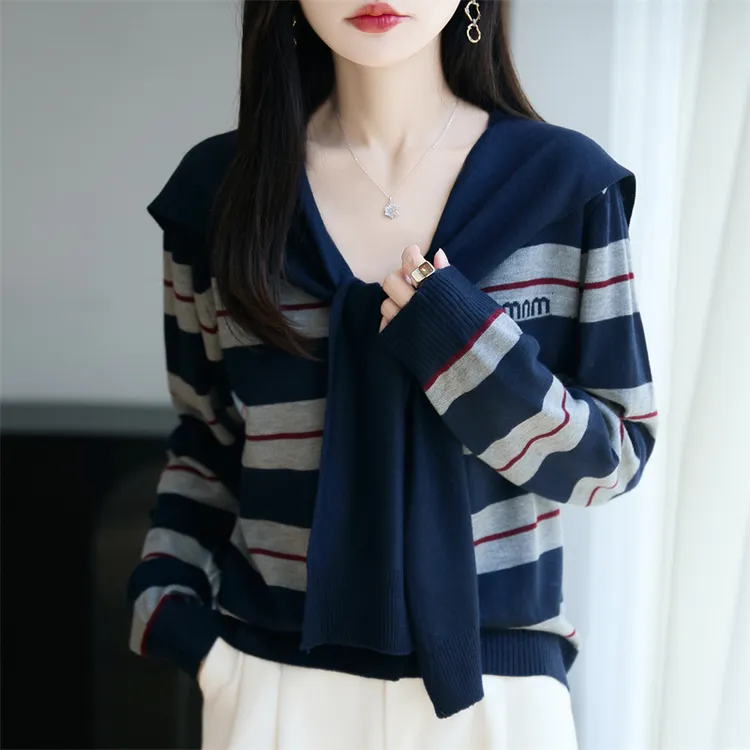 恒源祥彩羊初秋新款撞色条纹披肩针织衫女慵懒风上衣独特漂亮小衫