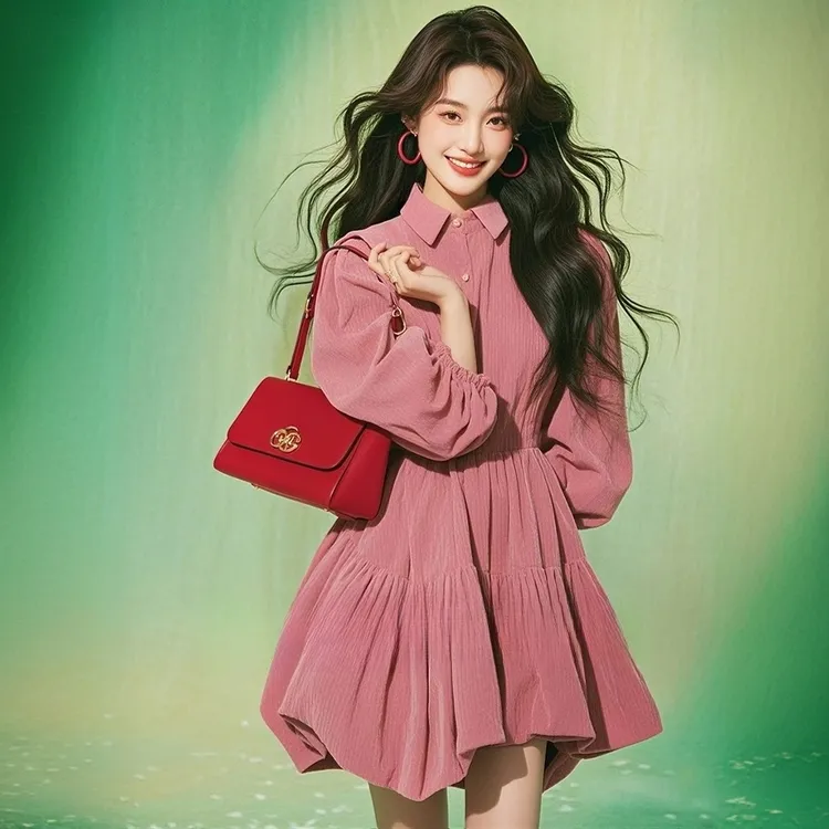 富家千金高级感穿搭裙子2025新款女春季粉色翻领长袖连衣裙