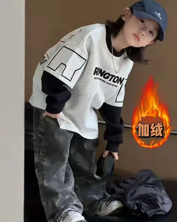 [加绒]男童卫衣秋款2025新款宽松潮酷男孩儿童中大童秋款炸街上衣