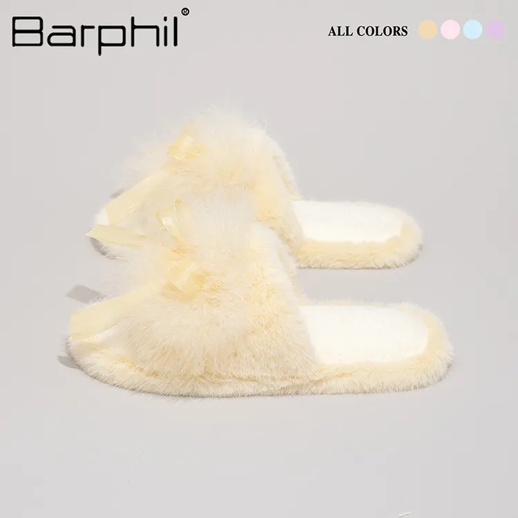 Barphil拖鞋女2025新款秋冬室内家居毛绒露趾棉拖甜美蝴蝶结防滑