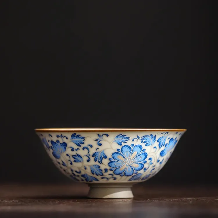 汝窑仿古缠枝莲斗笠杯茶杯陶瓷高档铁胎掐丝银品茗杯主人杯珍藏品