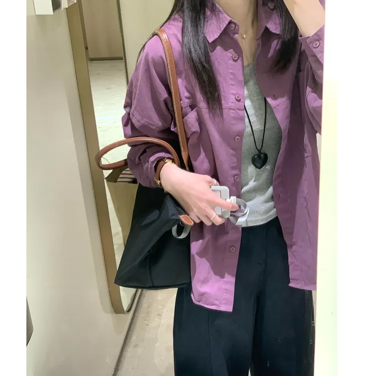 秋装新款女装高级感小众宽松慵懒风长袖紫色纯棉衬衫外套上衣衬衣