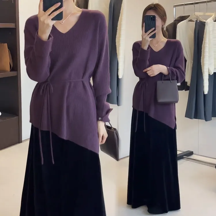 2025秋冬新款慵懒风优雅气质系带针织衫上衣伞裙长裙套装裙子