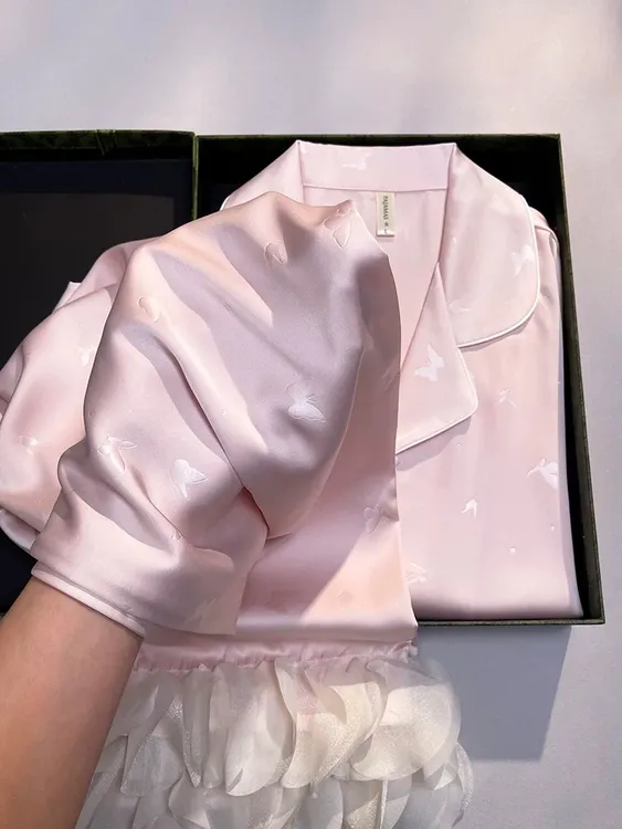 品牌正品2025新款法式水光绸提花睡衣女春秋季甜美粉色家居服套装