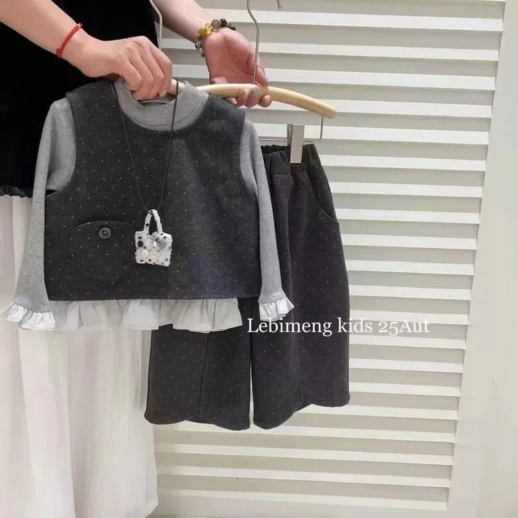 韩系童装女童套装2025秋季新款儿童洋气女孩圆点马甲裤子三件套潮