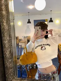 镂空设计感Kitty印花短款长袖T恤女秋季百搭显瘦毛衣针织衫套头女