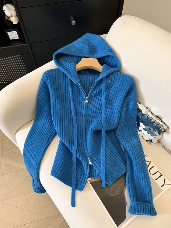 高级感坑条拉链毛衣外套女秋冬新款针织开衫常规版型合身百搭女装