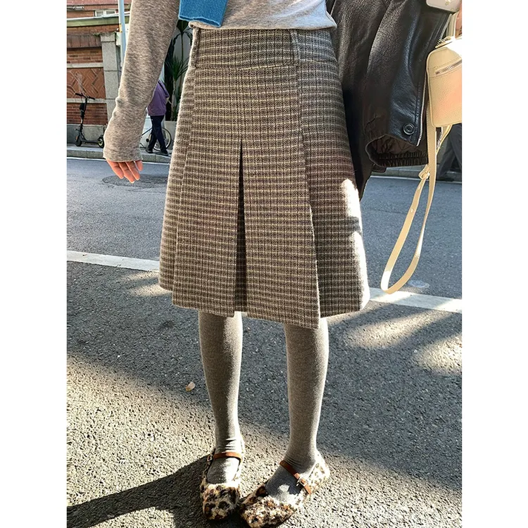 复古气质灰色格子褶裥毛呢半身裙女秋冬季高腰显瘦小个子百褶中裙