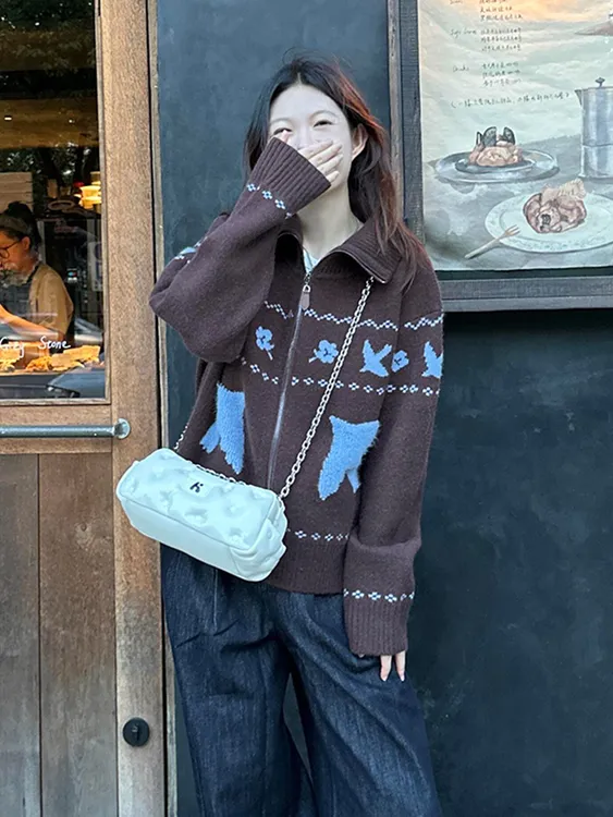 美拉德咖色毛衣外套秋冬外穿拉链上衣费尔岛风氛围感提花针织开衫