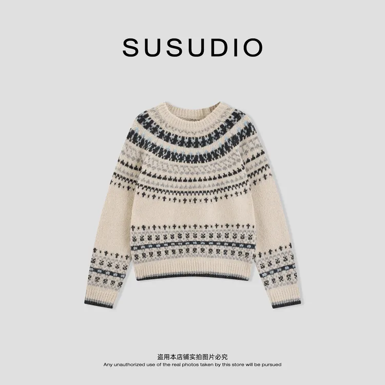 SUSUDIO 绵羊毛 费尔岛复古提花慵懒感圆领毛织宽松毛衣 50256