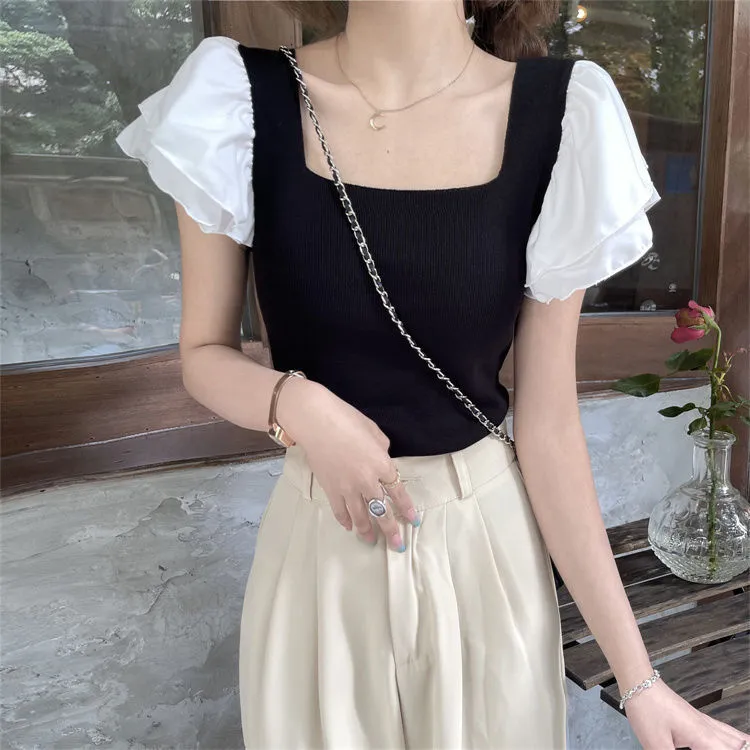 韩版泡泡袖方领短袖T恤女夏季甜辣妹设计感小众短款百搭别致上衣