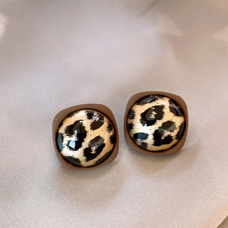 铜合金耳饰 棕色几何圆形豹纹耳钉女秋冬耳饰轻奢高级感气质耳环