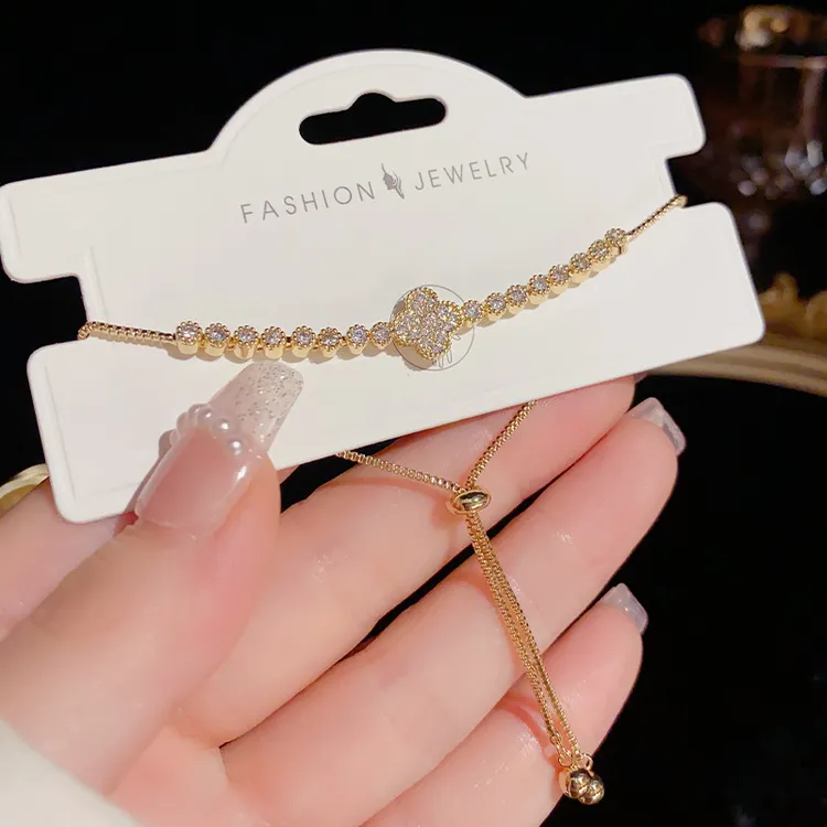 铜镀真金合成锆石手链 锆石四叶花手链ins简约小众饰品薄雾少女风