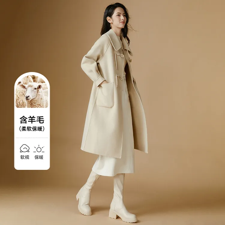 晚白【新品】2025冬翻领厚外套双面呢大衣女25082101