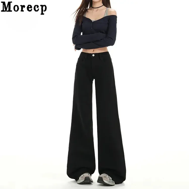 黑色辣妹低腰圆口袋设计微喇牛仔裤女早秋新款修身弹力直筒喇叭裤