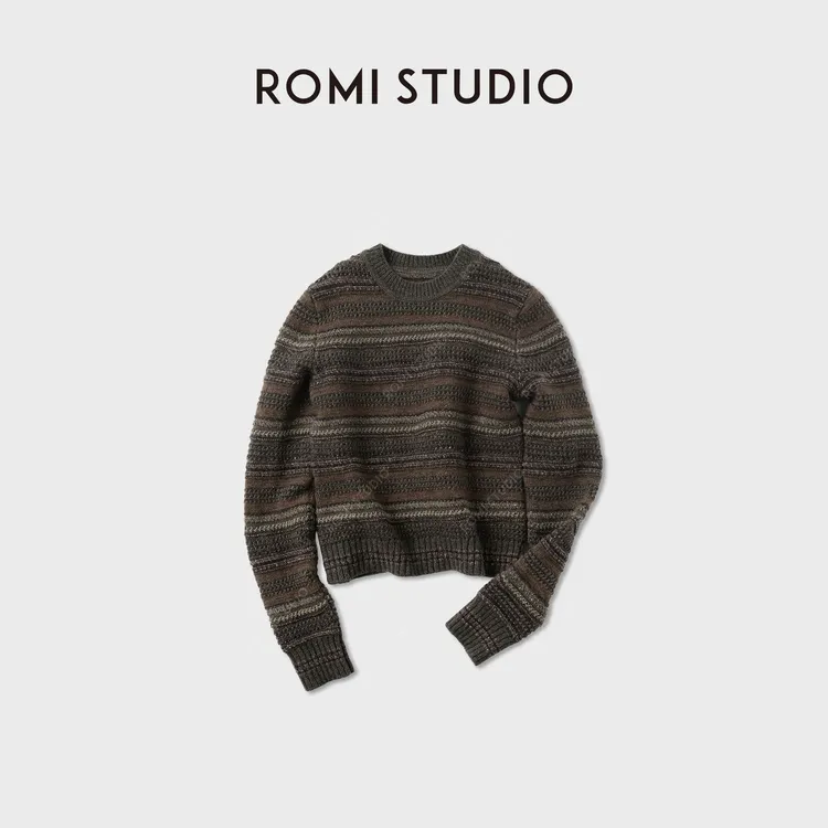ROMI STUDIO“简约复古”100绵羊毛提花撞色圆领套头毛衫RWCAST6044