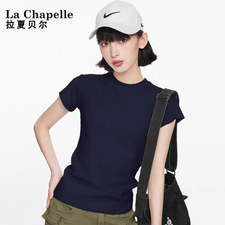 拉夏贝尔藏青色正肩短袖t恤女夏季穿搭女纯色紧身修身短袖女上衣