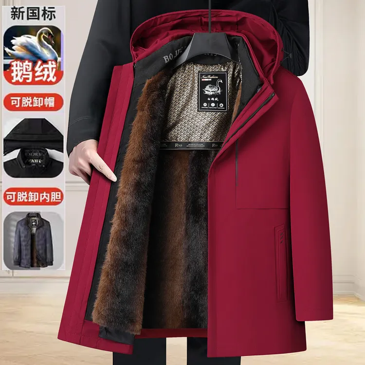 爸爸冬装鹅绒羽绒服中老年男士加绒内胆本命年红色派克服保暖外套