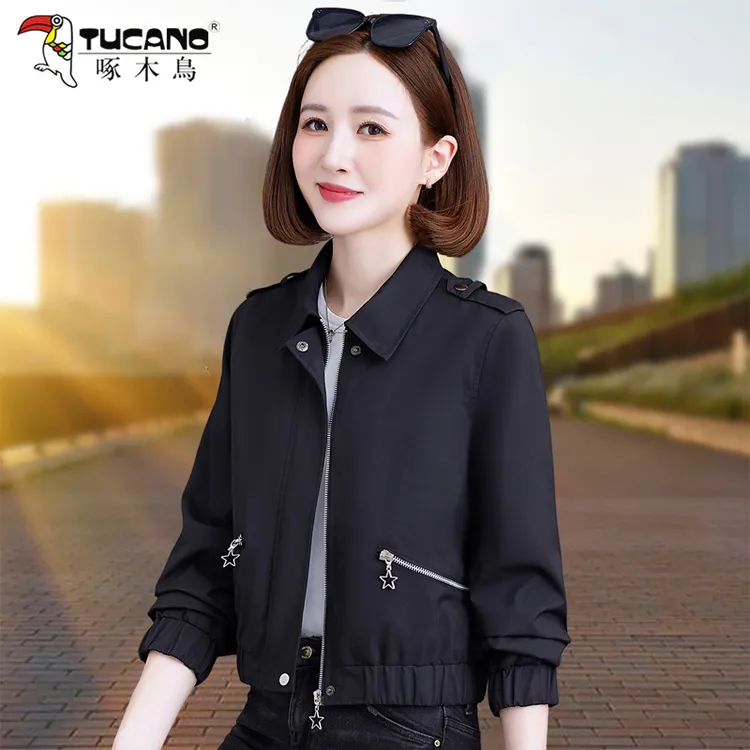 【官方品牌】啄木鳥时尚气质翻领外套女2025新款春秋休闲百搭夹克服